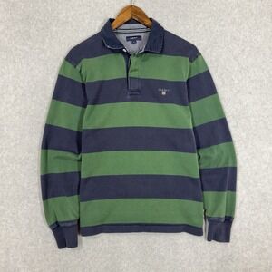 Gant Rugby Polo Mens Large Navy Blue Green Striped Long Sleeve Old Money Yacht